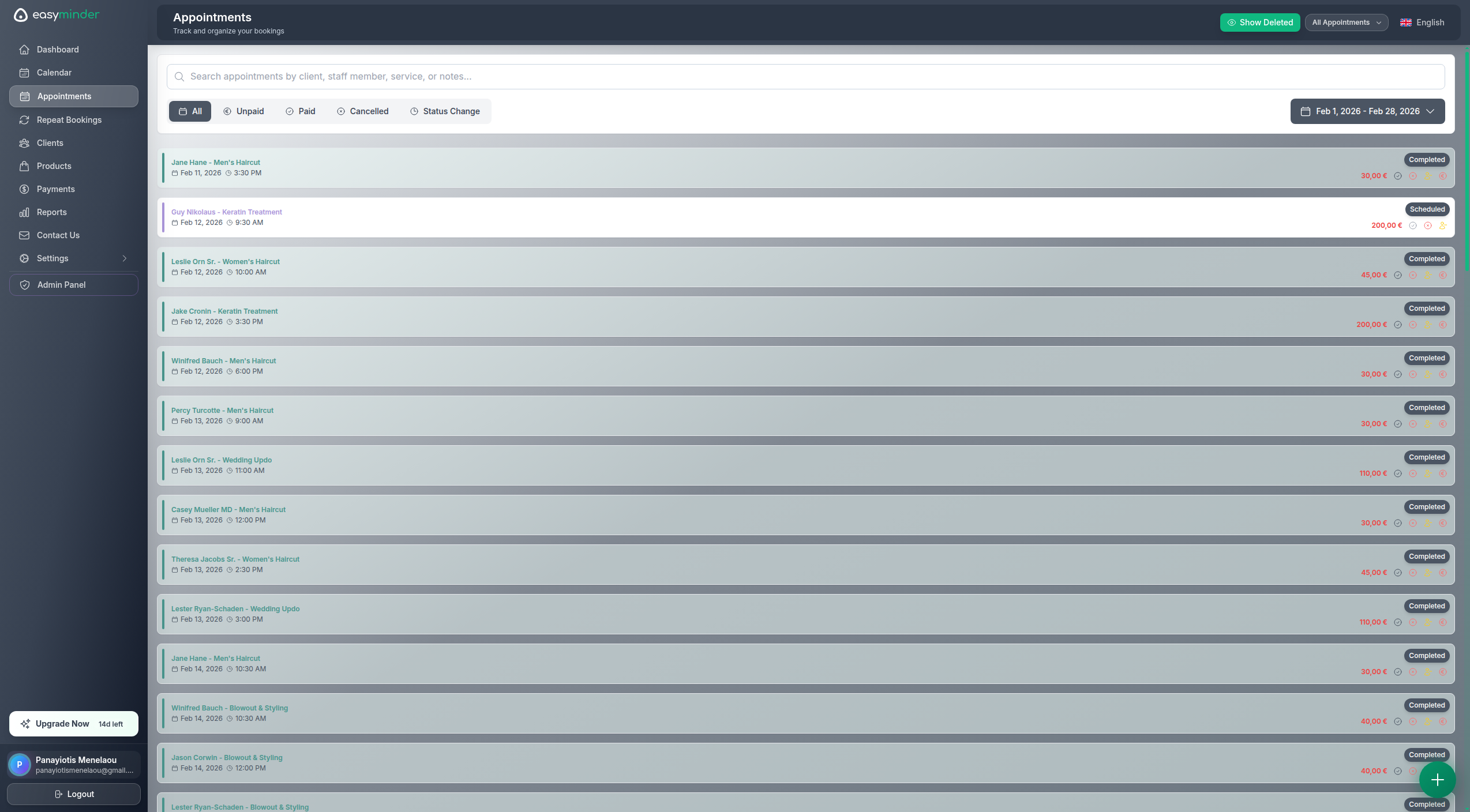 Easyminder Appointments - Booking management list